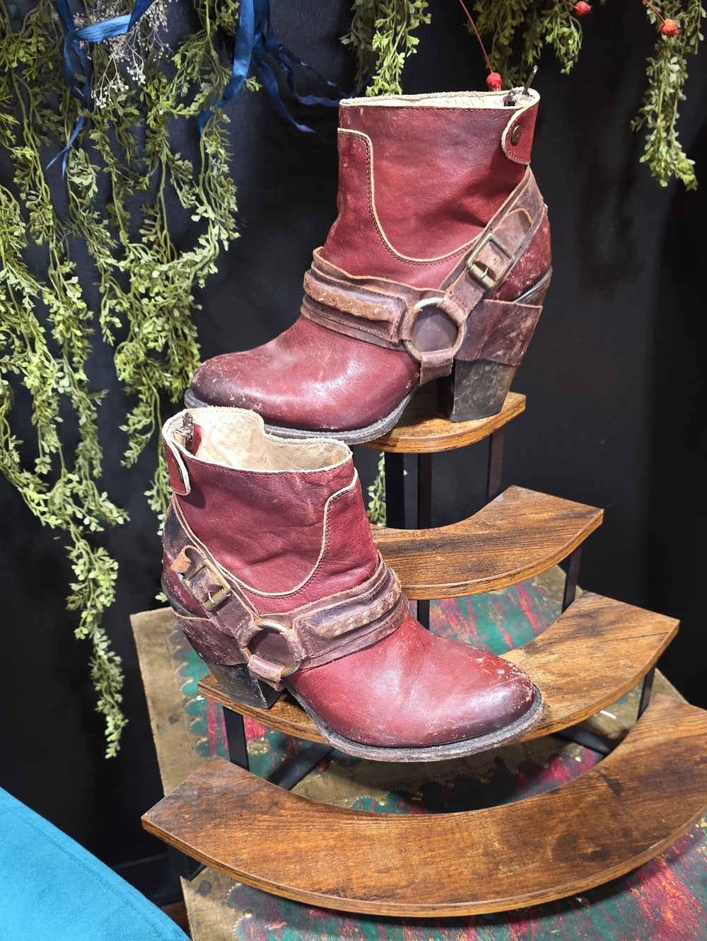 Freebird Elypso Distressed Burgundy Leather Ankle Booties with Harness Straps